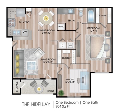 Floor plan for 1 bed, 1 bath, 904 sqft